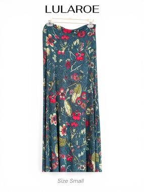 LuLaRoe Teal Floral Maxi Skirt with Red & Green Blooms
